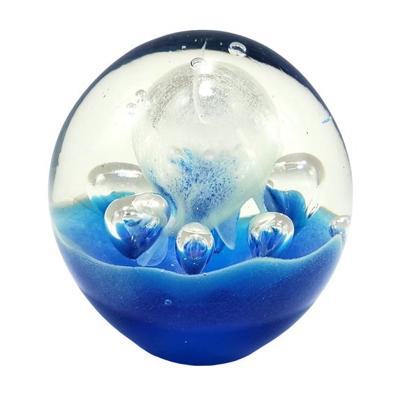 Dynasty Gallery Blue Controlled Bubble Blown Glass Paperweight Fountain Vintage - Picture 4 of 7